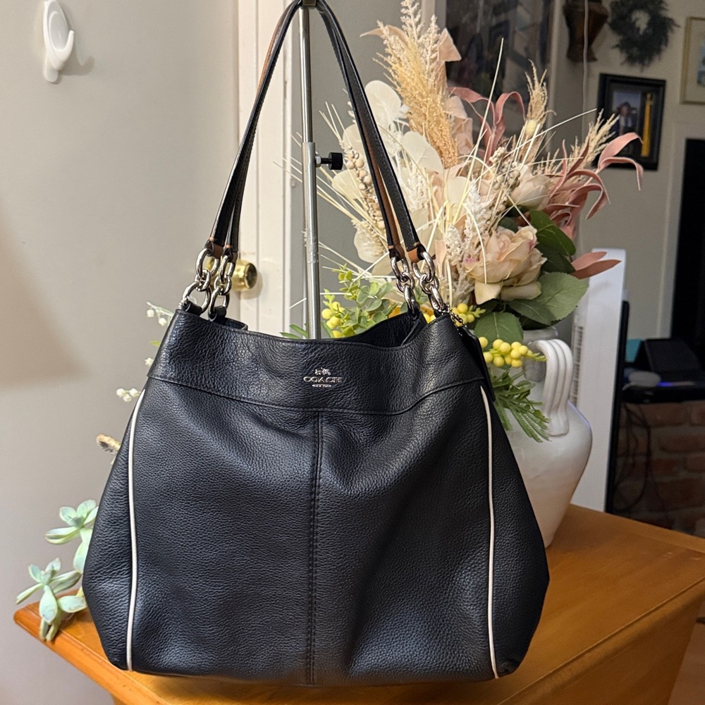 Coach Lexy Black Leather Shoulder Bag with Tan Tag and White Piping